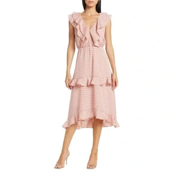 NSR Dress Pink Plaid Tiered Ruffle Sleeveless VNeck Midi Cottagecore - Picture 1 of 15